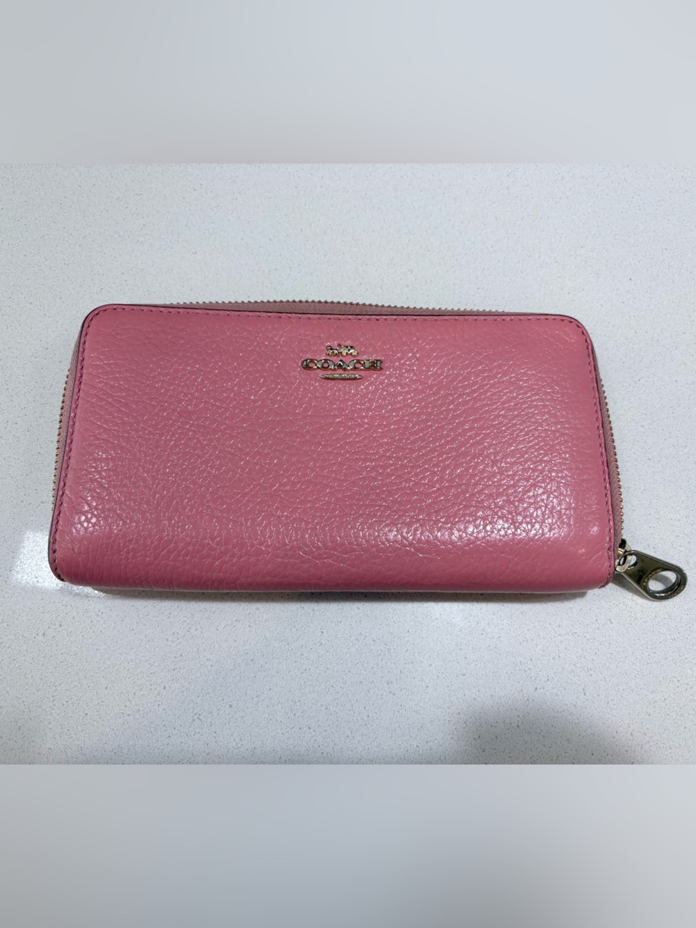 Coach Pink Pebbled Zip Wallet with Gold Logo